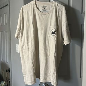 Cream colored pocket t-shirt with double sided graphics